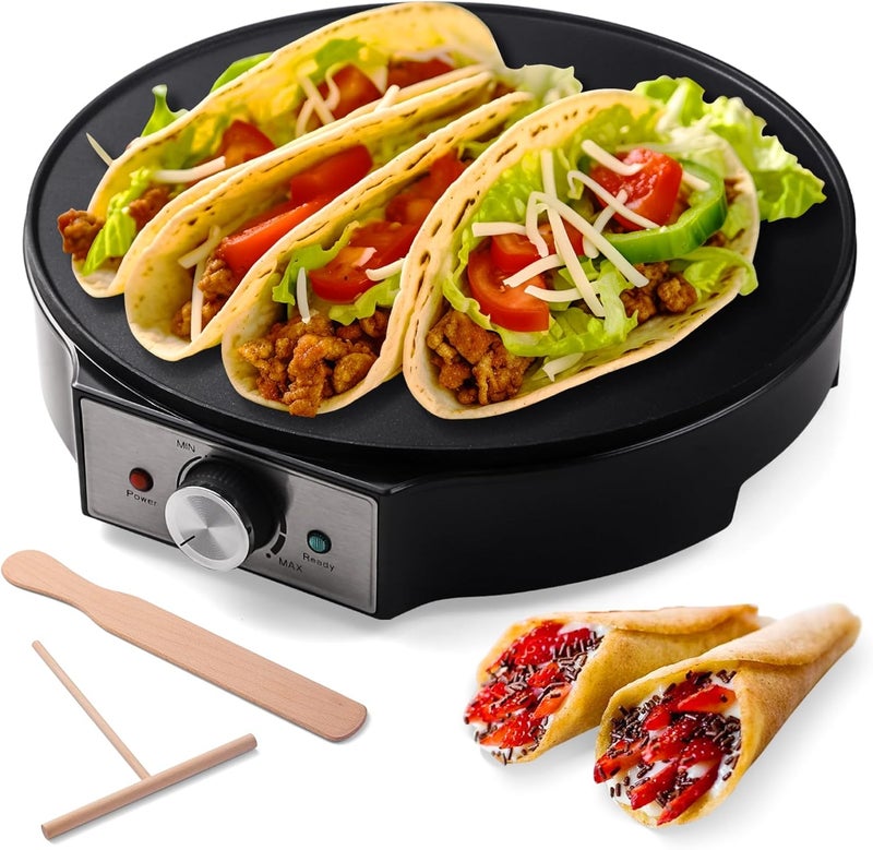 UVFAST Electric Crepe Maker 12'' & Griddle - Non-Stick Pan With Spreader for Roti, Tortilla, Blintzes, Pancakes - Adjustable Temperature, 1000W - Image 1